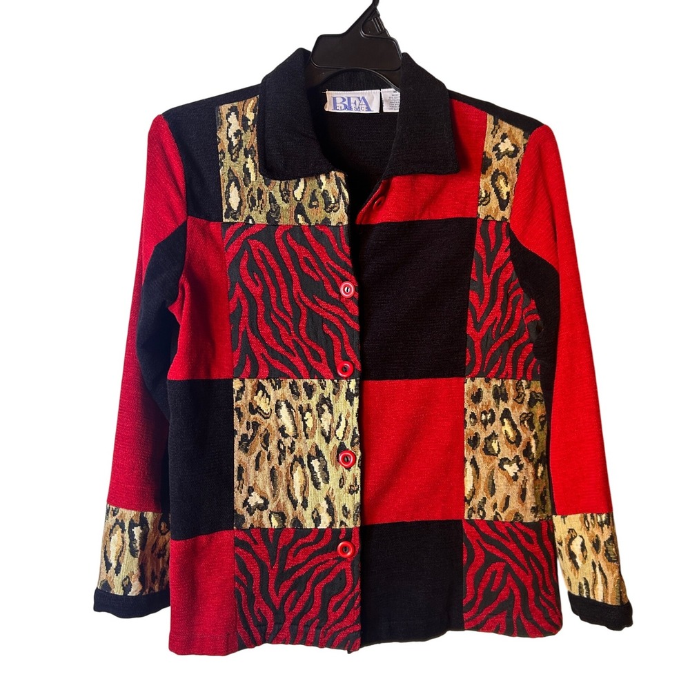 BFA Classics Patchwork Animal Print Blazer Jacket Women's‎ Size M vintage flare